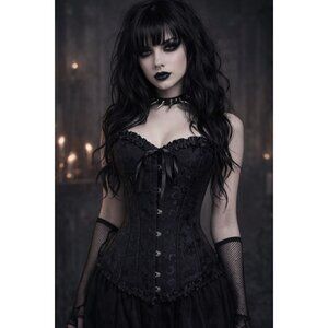 SZIVYSHI Black Corset, Metal Hook & Post Closure On Front, Lace Up Back, Goth